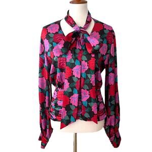 Ronny Kobo Red & Pink Tie-Up Neck Rose Floral Eden Satin Blouse Top Size M